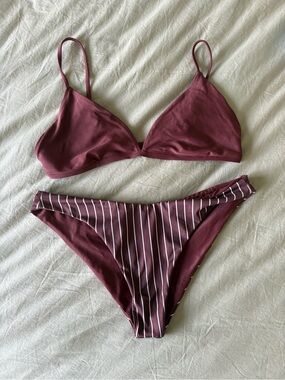 Striped Wine Triangle Bikini Set - Women Swim - Othersea